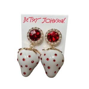 Betsey Johnson White Strawberry Drop Earrings Red Crystal & Faux Pearl
